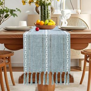 OTOSTAR Table Runner with Tassels 13x108 Inch Rustic Farmhouse Table Runners Boho Hemstitched Embroidered Table Runner 108 Inches Long Rustic Home Holiday Party Dining Decor (Dusty Blue)