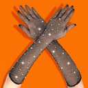 Rhinestone Long Fishnet Gloves, Arm Sleeves Elbow Mesh Rave Sparkly Gloves Costume Accessories for Women Evening Prom (Black)