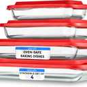 SereneLife 8-Piece Glass Baking Dish with Lids Set - ( 4 Heavy Duty Rectangular Glass Baking Pan with 4 BPA-Free Lids ), Oven-Safe Bakeware for Lasagna, Meats, Desserts - Dishwasher Safe, Red