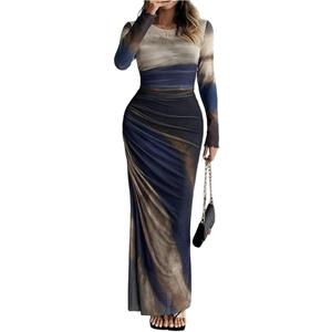 Women 's Long Sleeve Dress Tie Dye Ruched Mesh Slim Fit Bodycon Maxi Dresses S