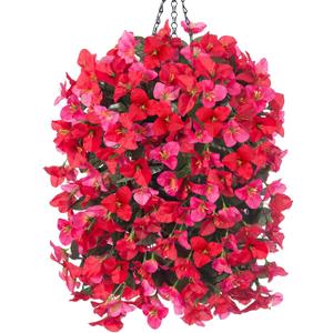 Artificial Bougainvillea Faux Flowers Plants Baskets for Outdoor Outside Decoration, 3 PCS Fake Silk Flowers Long Trailing Vines UV Resistant Realistic for Front Door Porch Patio Balcony, Red/Hotpink