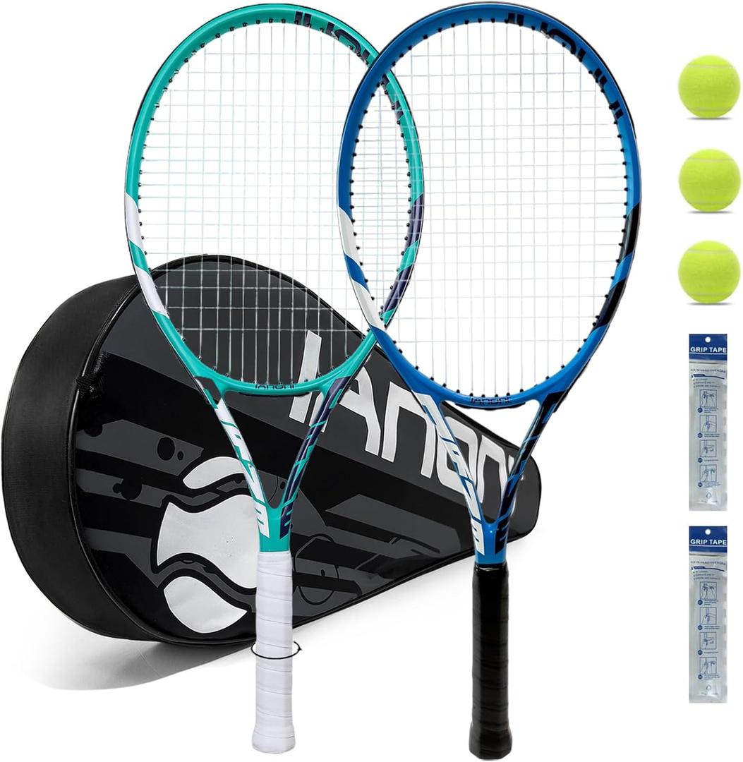 Tennis Rackets for Adults, Pre-Strung 27 Inch Tennis Racquets-2 Player Tennis Racket Set with 3 Balls,2 Grips, 2 Vibration Dampers (blue and green)
