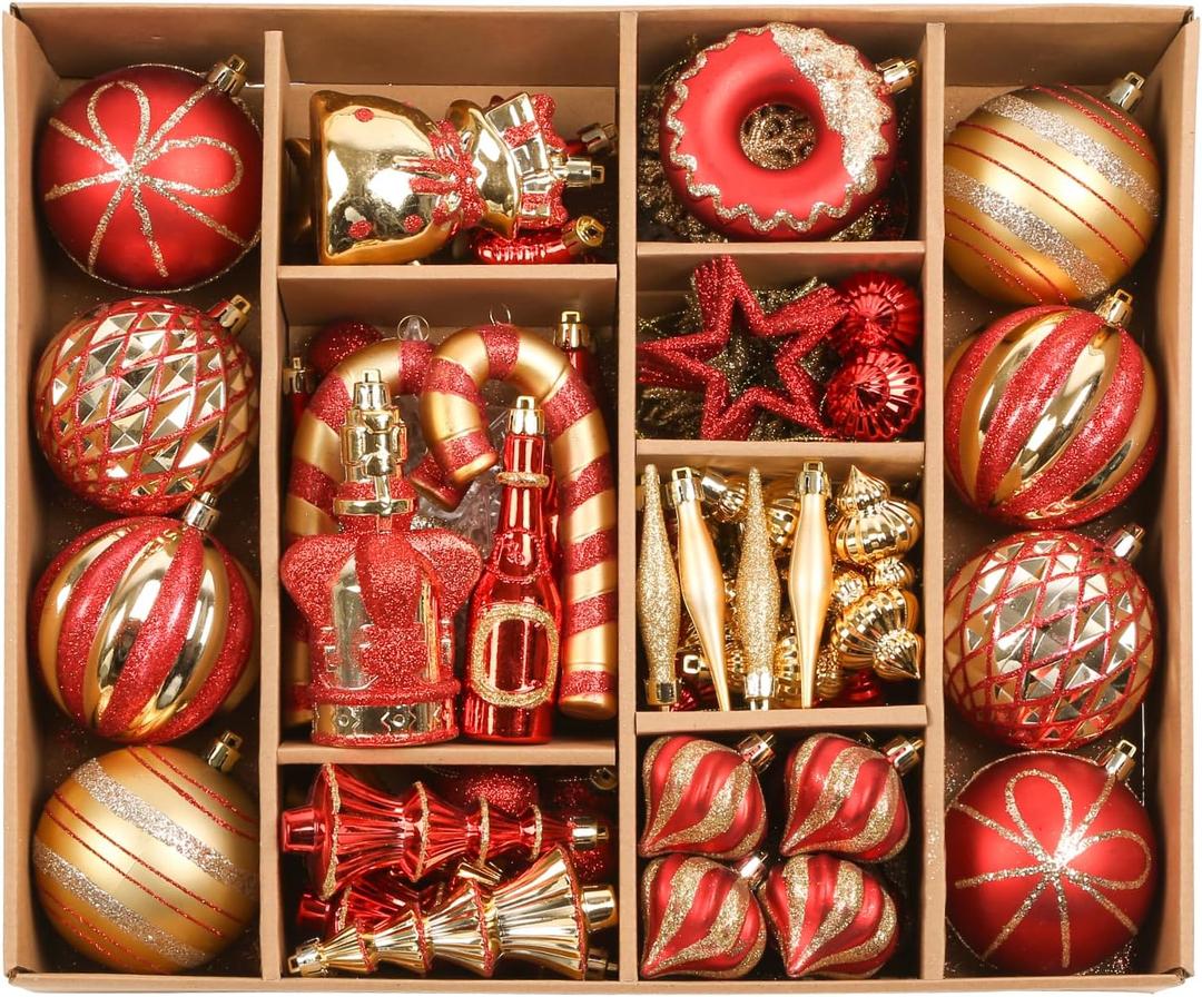 SHareconn 70pcs 2025 Classic Christmas Balls Ornaments Set, Shatterproof Plastic Baubles, Ribbon and Tree Topper for Xmas Tree Holiday Wedding Party Decorations with Hanging Strings, Red and Gold