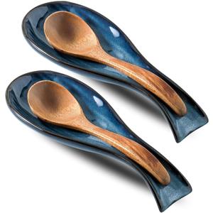 Tikooere Ceramic Spoon Rest for Stove Top, Large 8.7 Inch Spoon Holder for Kitchen Counter, Porcelain Utensil Rest for Thankgiving and Christmas Gift, Dishwasher Safe and Heat-Resistant, Blue(2 PC)