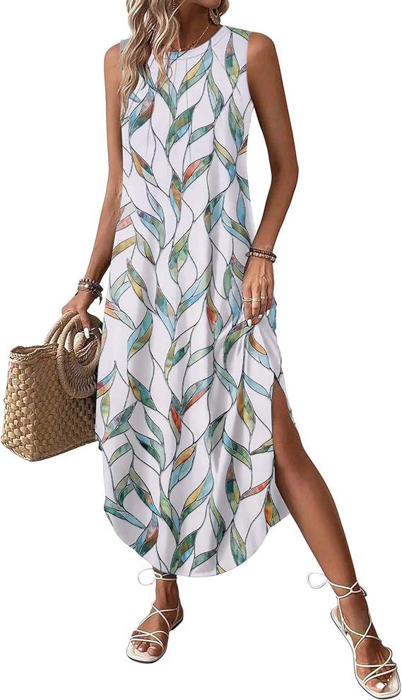 Zeagoo Women Floral Summer Casual Beach Printed Tank Dress with Pockets Pleated Front Long Dress XL