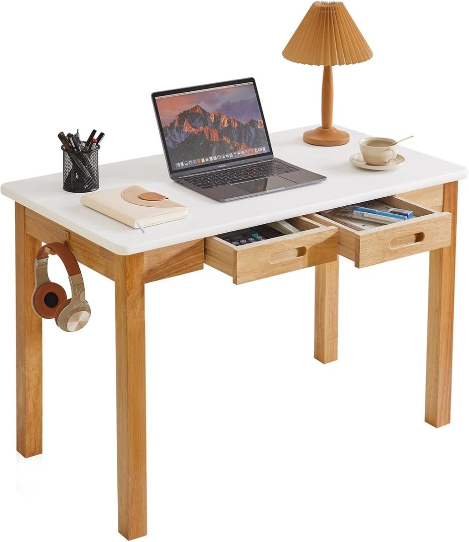 Small Computer Desk Table, Wood Writing Table with Drawers and Hooks, 39x22x30inch Study Desk, Work Desk, Wooden Dining Table White + Natural Wood Legs YD-WD02WN