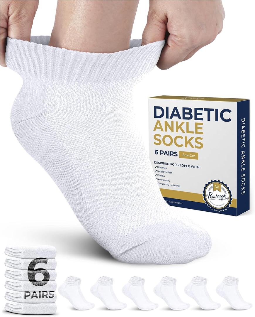 Pembrook Diabetic Ankle Socks for Men and Women - 6 Pairs Low Cut Seamless | Diabetic Socks for Men (Medium)