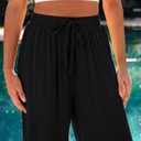 GRAPENT Wide Leg Pants Woman Linen High Waisted Pull On Flowy Casual Baggy Drawstring Palazzo Trousers Pants Resort Wear (Black, XS)