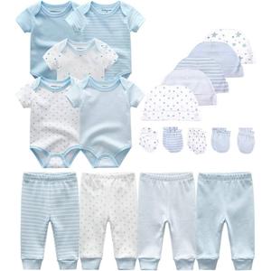 Kiddiezoom Unisex Baby Layette Essentials Giftset Clothing Set 19-Piece For Newborn Baby (0-3 Months, Sky Blue Stripe & Little Stars & Print Set)