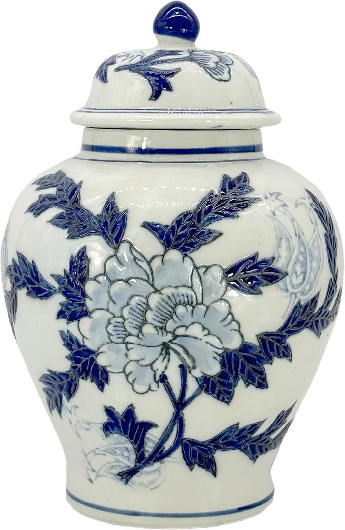 Galt International Classic Blue and White Flower Chinoiserie Jar 12" w/Lid - Ginger Jar, Tea Storage, Decorative, Home Decor Jar