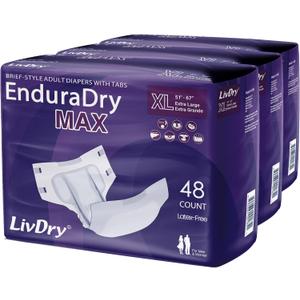 LivDry EnduraDry Max XL Adult Diapers with Tabs, Up to 12-Hours, Super Absorbent Incontinence Underwear, Leak Protection Briefs, Extra Large, 48-Pack