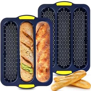 XenMee 2 Pcs Silicone Baguette Bread Pan, Non-Stick Bread Loaf Pan Food Grade, 3-Cavity Perforated French Baking Mold for Homemade Bread, French Baguette, Sandwich Rolls (Yellow/Gray)