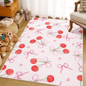 Drydiet 4 x 6 ft Large Bow Welcome Mat Rug Coquette Doormat Decor Gifts for Bedroom Room Women Aesthetic Decor Birthday Decorations Gift Lovers(Cherry Bow,Pink)