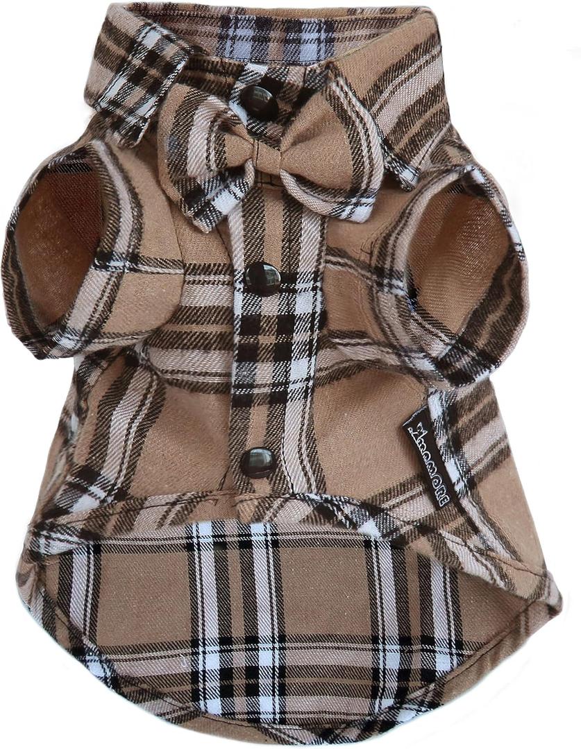 Soft Casual Dog Plaid Shirt,Gentle Dog Western Shirt Pet Clothes, Dog Cotton Shirt with Bow Tie for Wedding,Christmas Costumes (Medium, Dark Khaki)