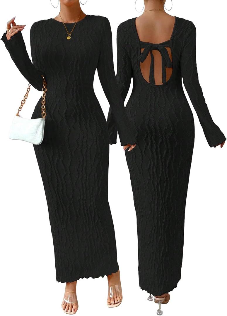 Narecte Fall Dresses for Women Long Sleeve Maxi Dress Backless Bodycon Dresses Casual Long Formal Dress (Medium, Black)