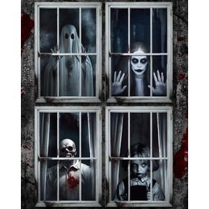 Patelai 4 Pcs Scary Halloween Ghost Curtain Halloween Window Silhouette Decoration Horror Window Door Cover Spooky Poster Screen for Indoor Outdoor Party Decor (Spooky Ghost)