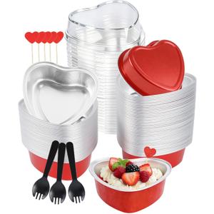 NPLUX 3.5 oz Valentines Gifts Heart Shaped Cake Pans with Lids, Disposable Aluminum Mini Cake Pans for Baking and Takeout, Oven Safe 425F, Perfect for Valentine's,Party,Wedding Dessert50 Pack