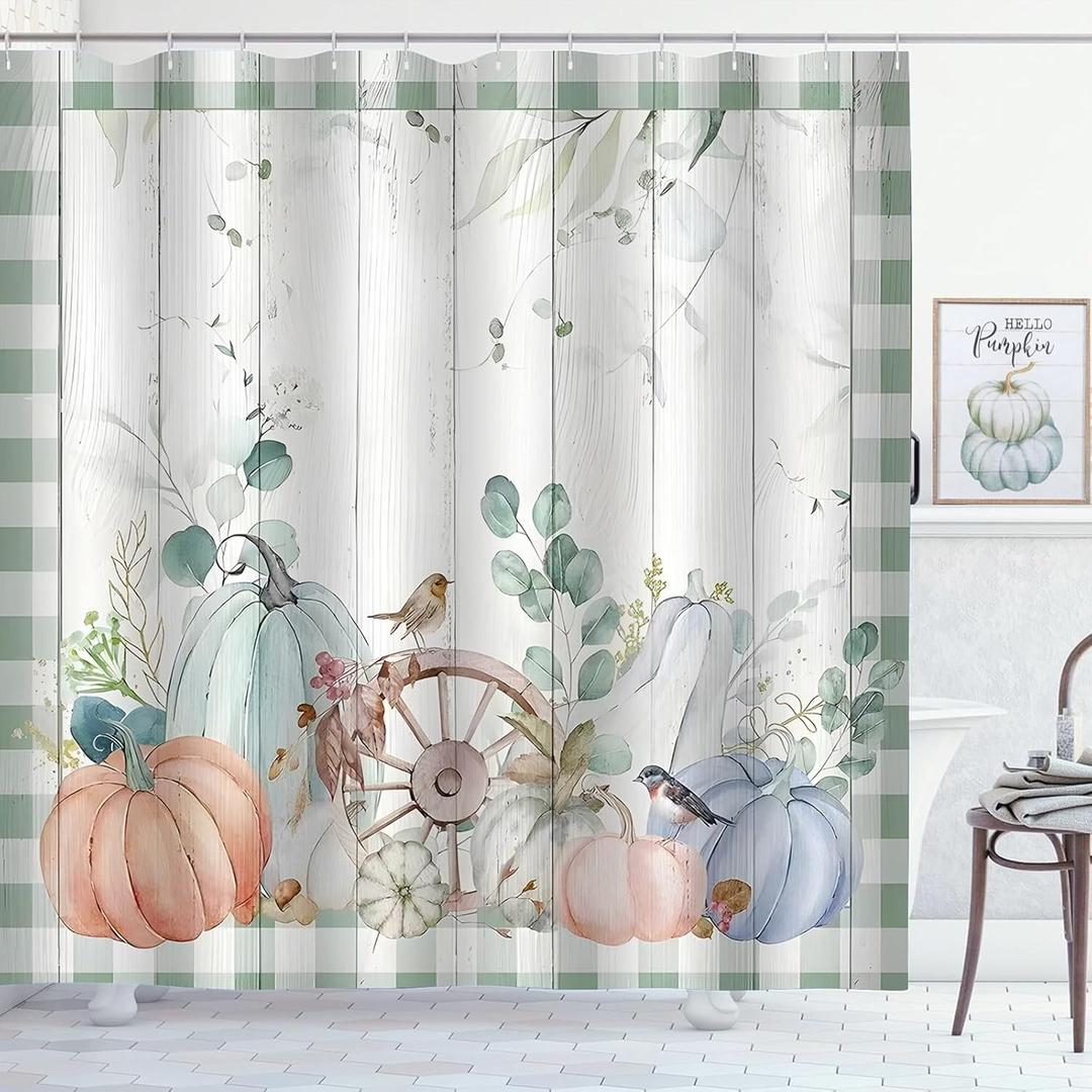 Fall Pumpkin Shower Curtain Eucalyptus Leaves Green Plaid Farmhouse Autumn Harvest Thanksgiving Bathroom Curtains Waterproof Polyester Fabric Bath Curtain 72 x 72 Inch with 12 Plastic Hooks