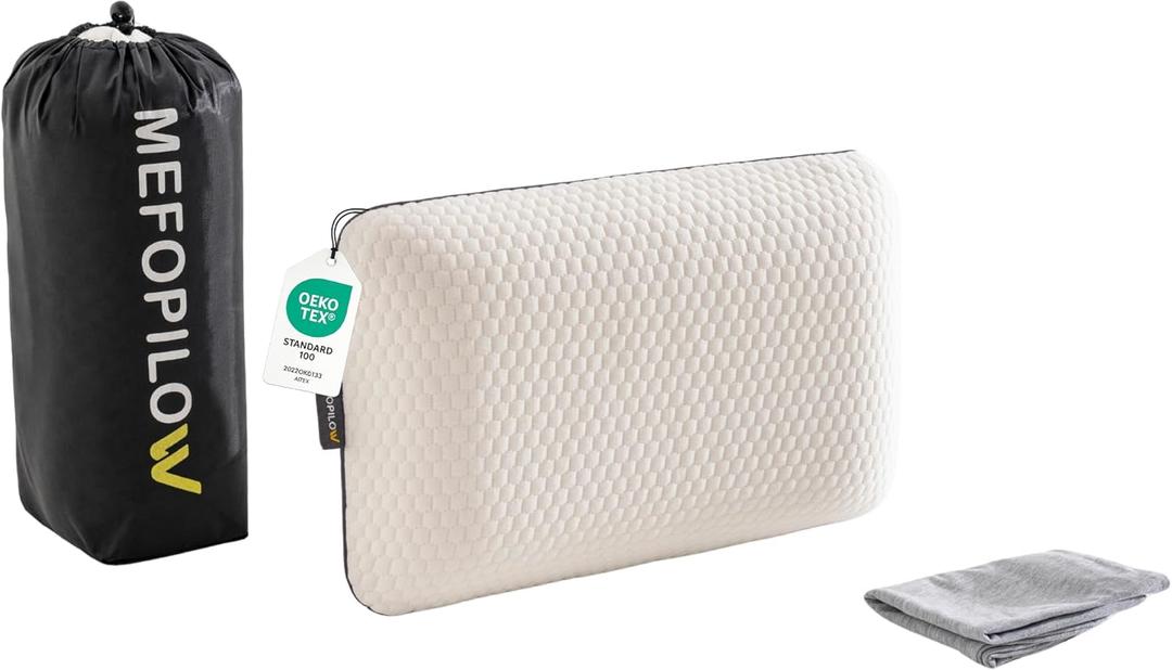 MEFOPILO Memory Foam Travel Pillow with Washable Cover & Carry Bag – Compact, Soft & Breathable Neck Pillow for Airplane, Camping & Car (White- with Extra Gray Cotton Cover, 15.7x9.8x3.9 inches)