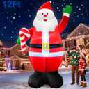 12 Ft by 7 Ft Giant Christmas Inflatables Santa Claus Christmas Decorations Outdoor, Blow Up Santa Holds Candy Cane with Built-in LED Lights Tethers Stakes for Yard Lawn Garden Holiday Party Decor
