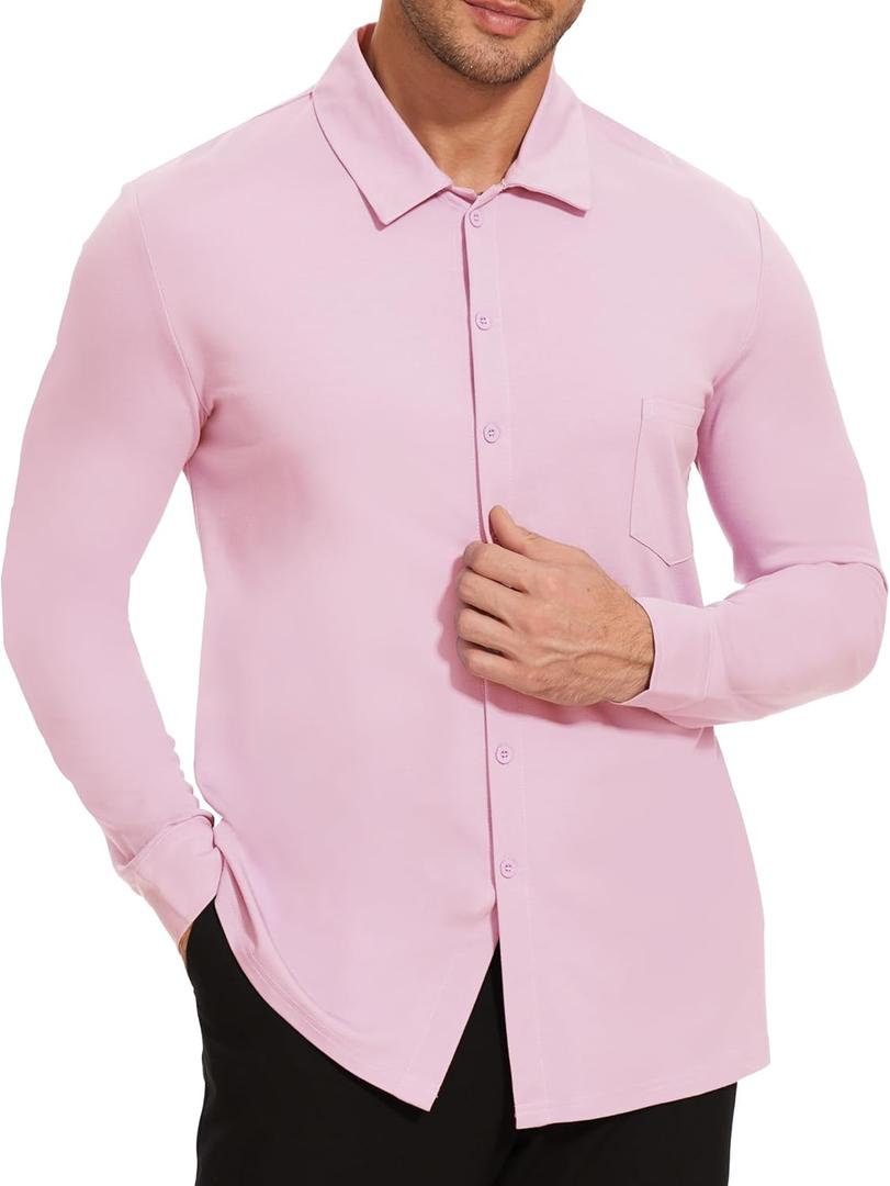 Demoking Rayon Dress Shirts for Men Formal Wedding Untuckit Shirts Long Sleeve Button Down (Pink, L)