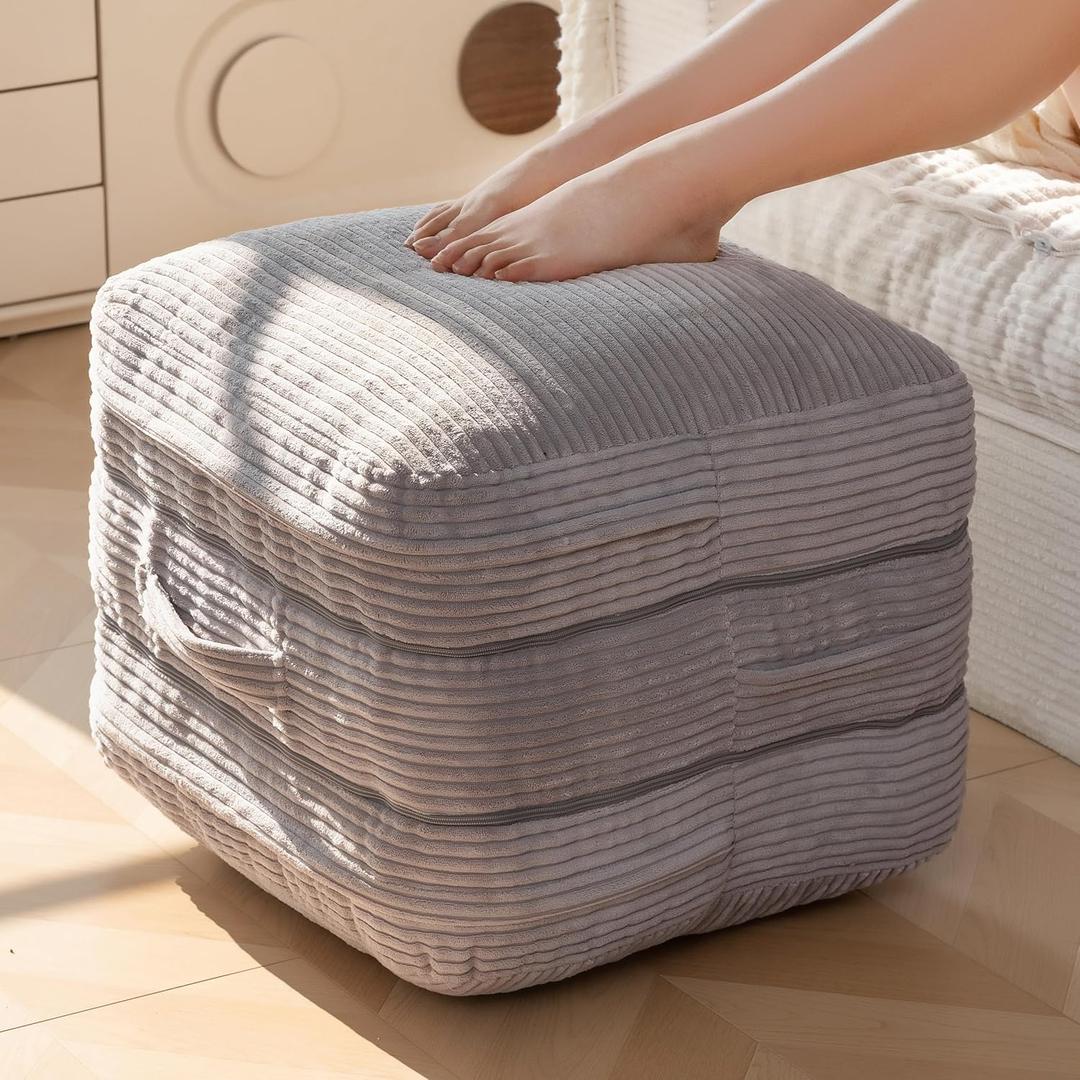 HIGOGOGO Pouf Ottoman Stuffed Square Modern Foam Filled Foot Rest Poufs 20 X 18 Inches Modular Ottomans Separated Into Floor Cushions for Living Room Chair Decorative Stool, Beige
