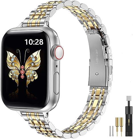 MioHHR Metal Band Compatible with Apple Watch Bands 49mm Ultra3/2/1,46mm Series 11 10,45mm Series 9 8 7,44mm Series 6 5 4 SE,42mm Series 3/2/1,Stainless Steel iWatch Bands for Women,Silver/Gold