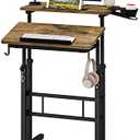Klvied Rolling Mobile Desk with Cup Holder, Portable, Adjustable Height Small Stand up Desk on Wheels for Home Office Laptop Cart, Computer, Standing or Sitting,Oak