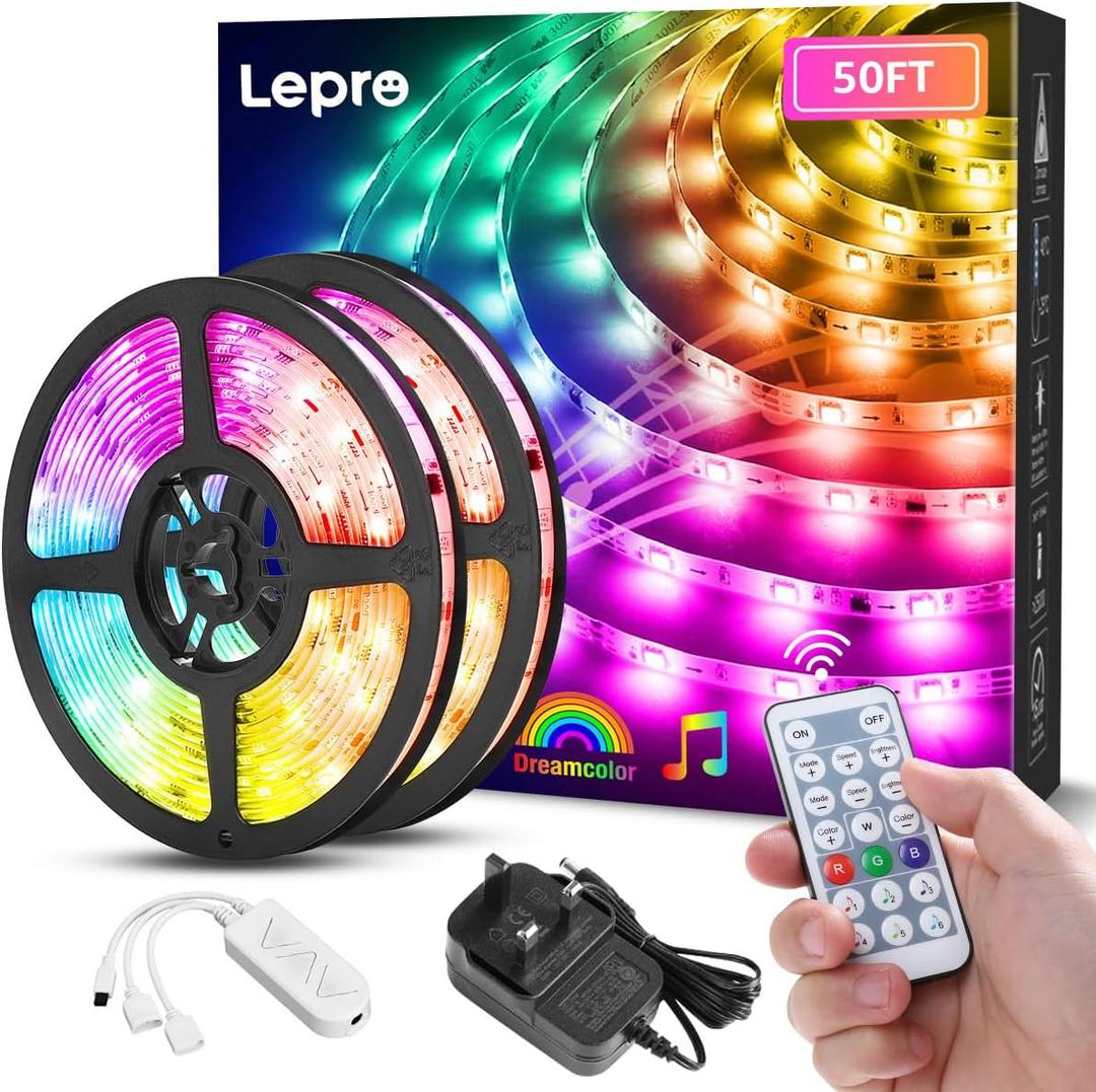 Lepro LED Strip Lights, 50ft Music Sync MagicColor Light Strip with Remote, Valentines Gifts for Men & Women, 5050 RGB Lights for Bedroom, Home, Gaming Room, Party, Wall,Valentines Day Decor