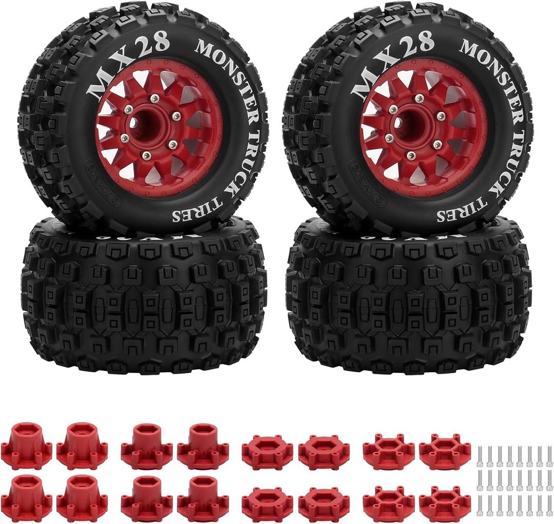 2.8" RC Tires with 12mm/14mm Hex Adapter 1/10 Scale RC Truck Tires RC Wheels and Tires Set for Traxxas Arrma Rustler Stampede 4PCS (Red) - Not Glued