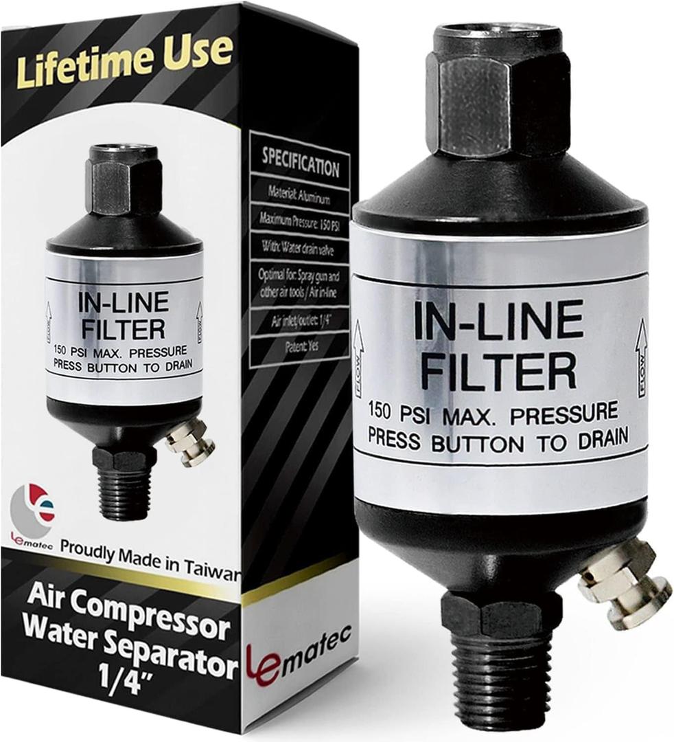 LE LEMATEC Air Compressor Water Separator, 1/4 NPT Inline Filter & Moisture Trap for Pneumatic Tools, HVLP Spray Paint Gun & Airbrush, Durable Compressed Air Dryer with Easy Drain Valve, AI303