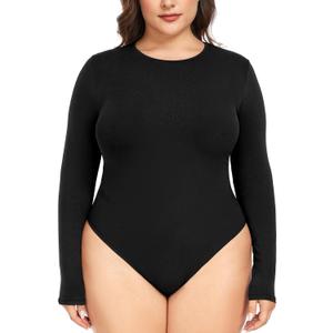FOREYOND Plus Size Bodysuits for Women Long Sleeve Crew Neck Body Suit Tops Casual Slim Fit Basic Leotards Shirts (XX-Large, Black)