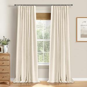 100% Blackout Shield Full Blackout Curtains for Bedroom 96 inch Length 2 Panels Set, Clip Rings/Rod Pocket Faux Linen Black Out Curtains for Living Room, Thermal Insulated, 50Wx96L, Cream