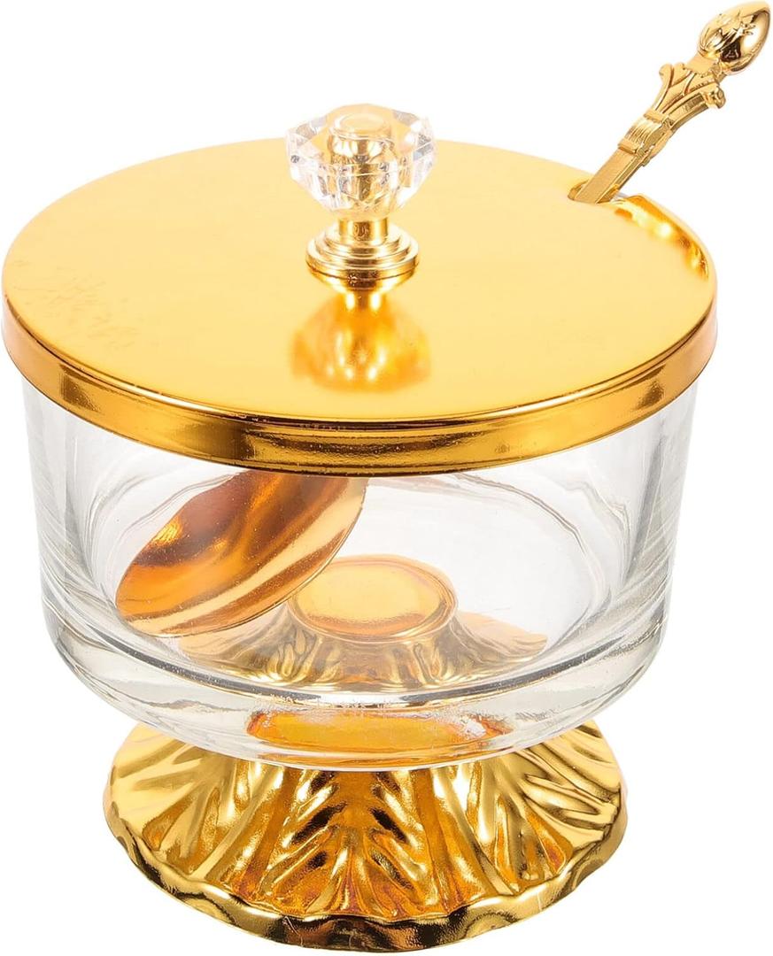 Kichvoe Glass Seasoning Jars with Lid and Spoon - Elegant Wrought Iron Sugar Container Canister for Kitchen Countertop Pantry Coffee Bar Salt Pepper Holder