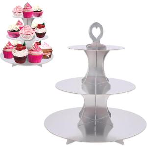 3-Tier Cardboard Cupcake Stand - 2 PCS Round Cupcake Stand Tower,White Cup Cake Tier Holder Stand Dessert Tower for Themed Part,Parties Shower,Dessert Display (Silver-Round)