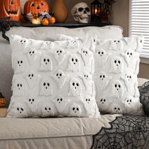 EMEMA Halloween Ghost Decorations Pillow Covers 20x20 Inch Set of 2 Fall Pillow Covers Plush Faux Fur Jacquard Cushion Covers Throw Pillows for Porch Soft Couch Holiday Festivals Home Decor