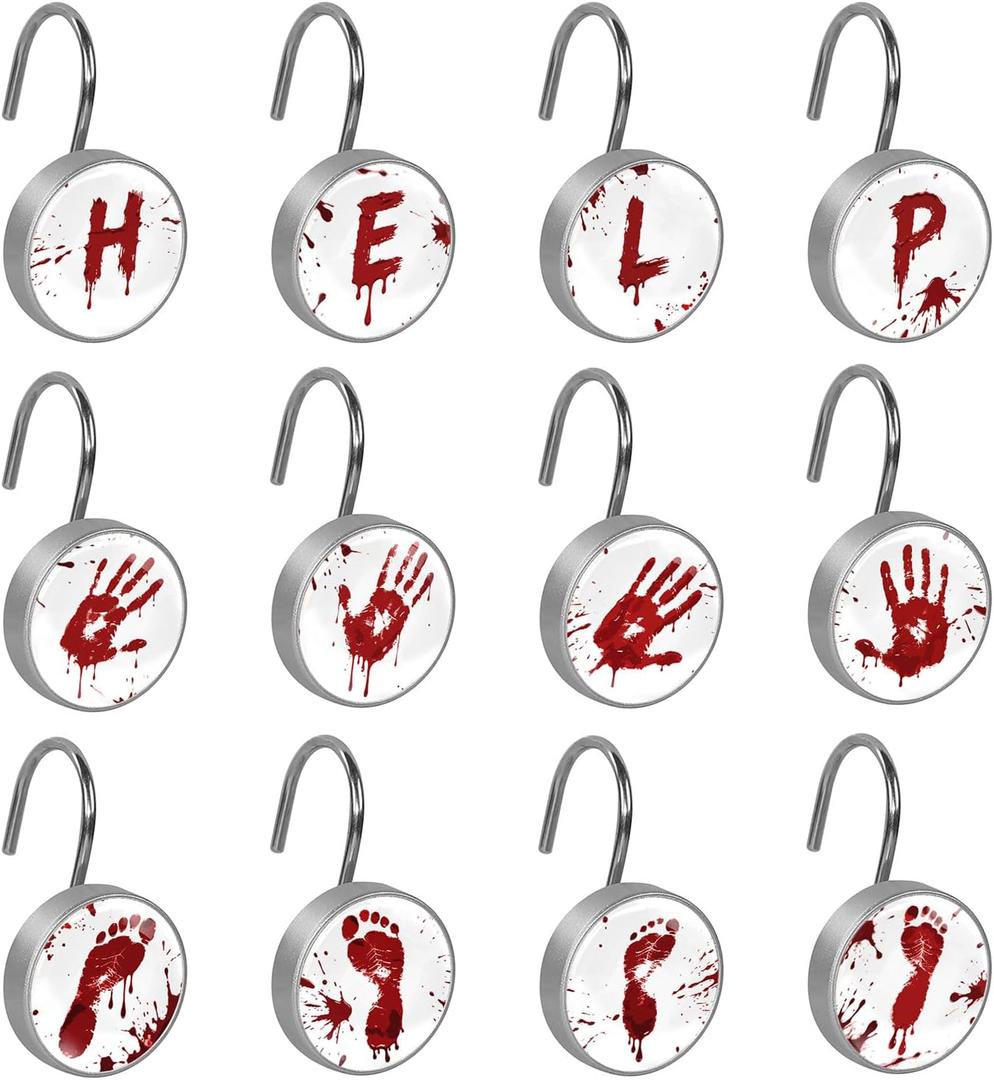 Halloween Help Me Scary Bloody Handprints Footprints Shower Curtain Hooks Set of 12 Rustproof Metal Shower Hooks for Curtains Rods Shower Curtain Rings for Bathroom Living Room Bedroom Decor (1.45x1.45x1.1 Inches)
