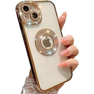 Compatible with iPhone Case,Luxury Glitter Bling Sparkly Diamond Rhinestone Bumper Camera Lens Protection Transparent Clear Soft Shockproof Cover Phone Case (Gold,iPhone 13 Pro Max)