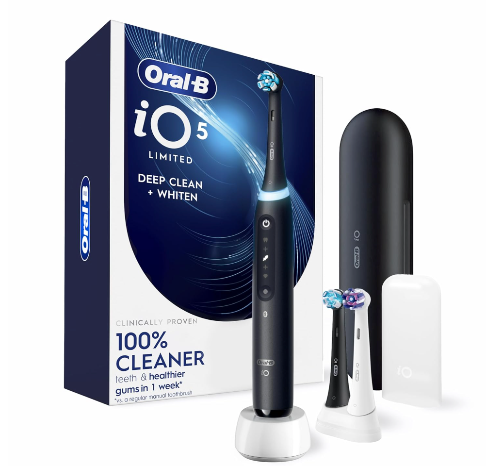 OralB Rechargeable Electric Toothbrush, iO5 Limited Deep Clean & Whiten, 5 Cleaning Modes, Visual Pressure Sensor to Protect Gums, Travel Case, 3 Brush Heads, Black