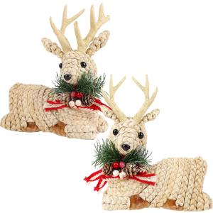 Lulu Home Set of 2 Christmas Tabletop Decor, Straw Woven Reindeer Figurines Rustic Tabletop Ornaments for Holiday Centerpiece, Fireplace Mantel, Shelf and Indoor Xmas Decorations