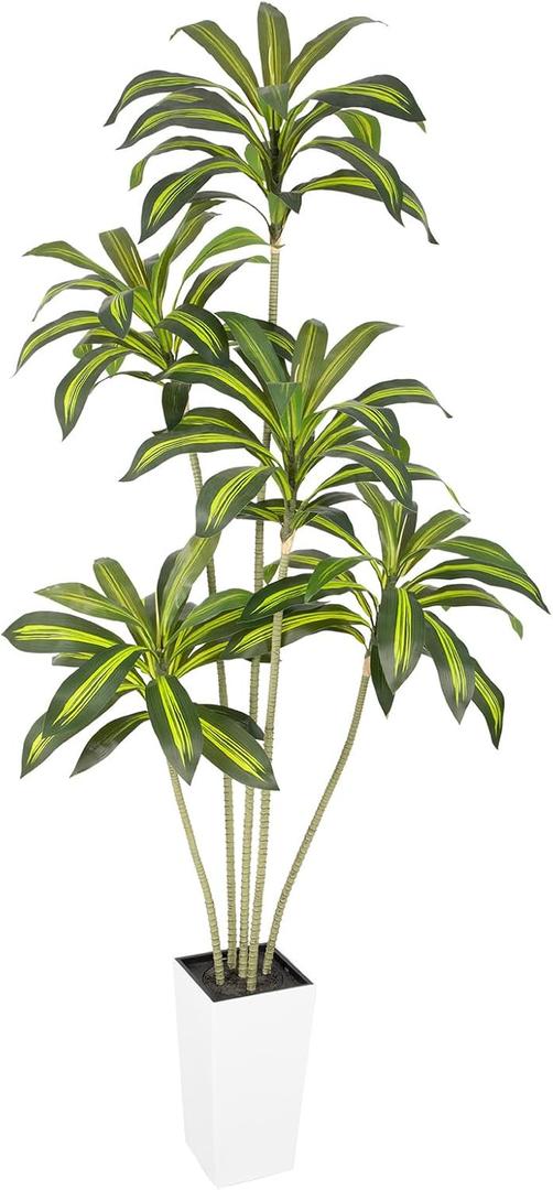 UV Resistant 7ft Artificial Dracaena Plant with Tall White Decorative Planter, 84in Artificial Dracaena Tree with Lifelike Leaves & Realistic Trunks, Tall Fake Plant for Indoor Outdoor Decor.