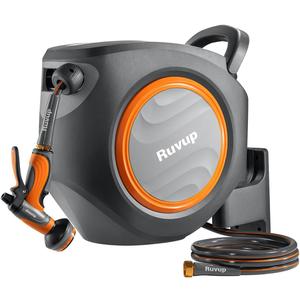 Ruvup Retractable Garden Hose Reel, 5/8in x 100ft Water Hose Reel with Metal Bracket, UV Resistant Automatic Hose Reel Wall Mount for Outside, Slow Retraction Any Length Lock 10 Spray Nozzle (Dark Gray)