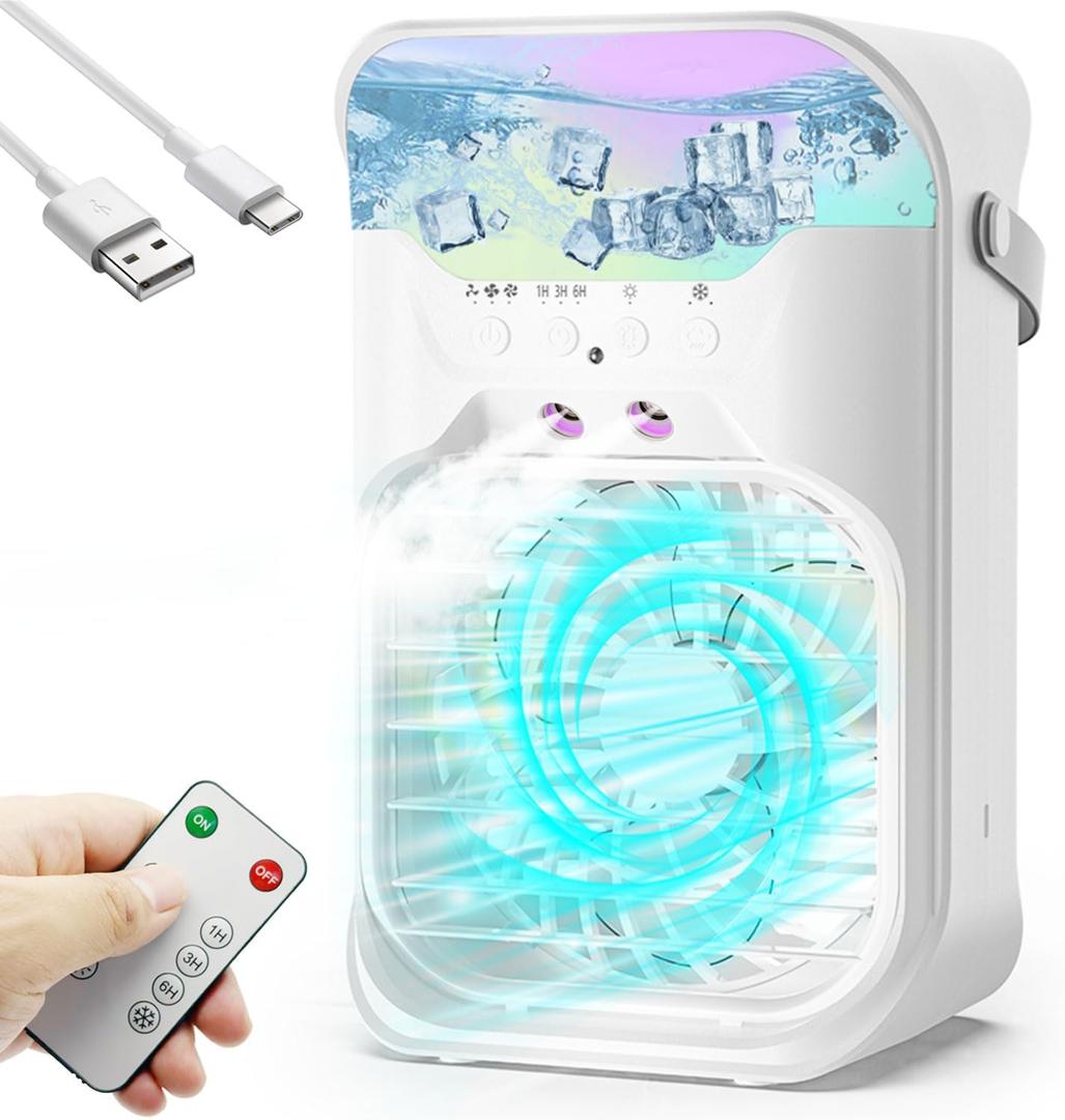 IWENNUAN Portable Air Conditioners, 4 in 1 Portable AC Unit with Remote, 1500ml Water Tank, 3 Speeds, 6H Timer, 2 Spray Mist, 7 Night Light, Personal Mini Air Conditioner for Bedroom (White)