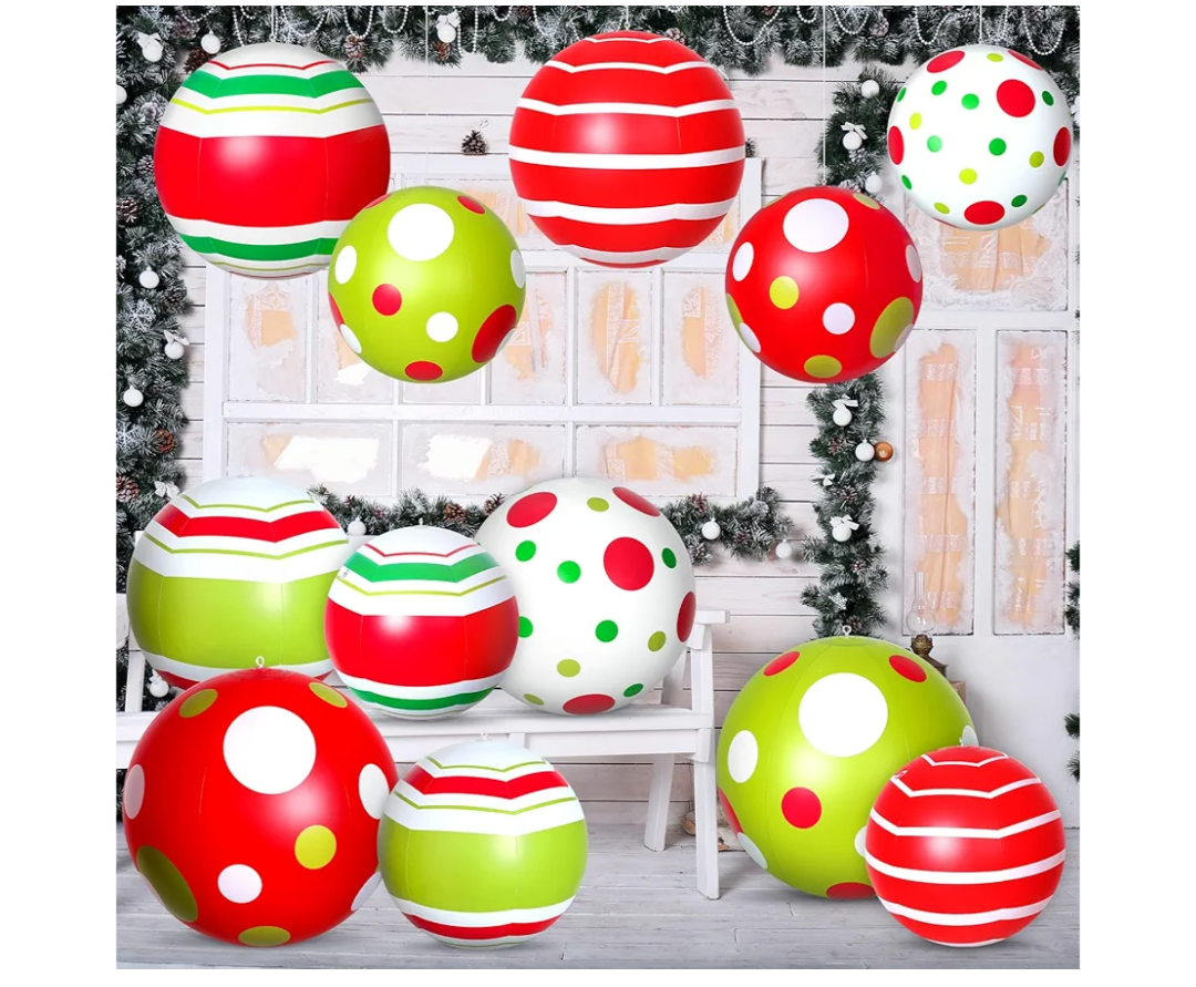 12 Pcs 24/16 Inch Giant PVC Christmas Inflatable Ball Outdoor Blow up Xmas Inflatables Ornaments Giant PVC Christmas Ornaments for Tree Yards Lawns Porch Garden Front Doors Holiday Decor(24,16 Inch)