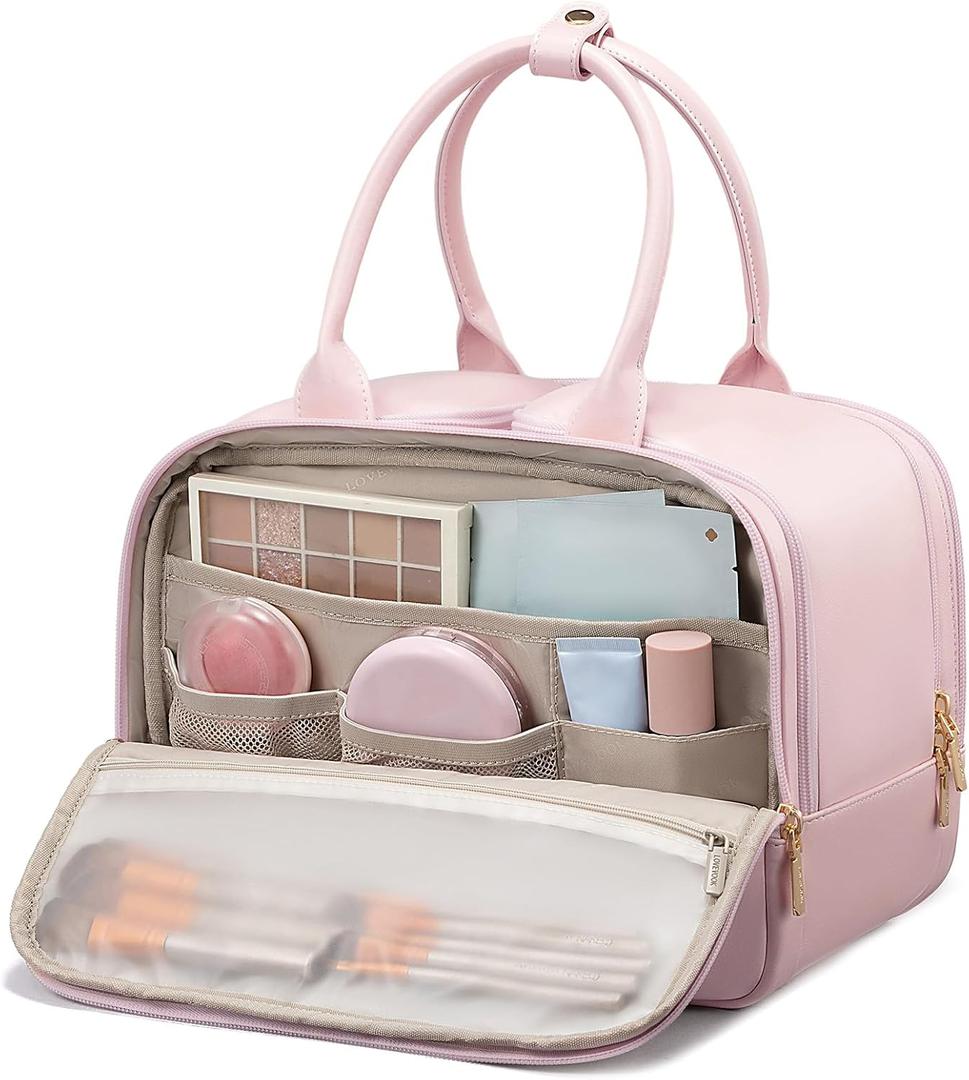 LOVEVOOK Travel Toiletry Bag for women, Leather Large Wide-open Makeup Bag, Waterproof Cosmetic Bag Organizer for Shower, Traveling, Toiletries, Bathroom