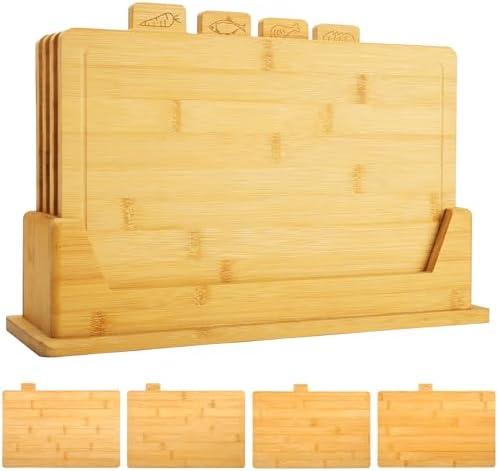 Bamboo Cutting Board Set for Kitchen, 4 PCS Kitchen Chopping Wood Boards with Deep Juice Grooves & Labeled, Serving Tray with Storage Base for Meat Fish Veg Bread, New Home Kitchen Essentials Gadgets
