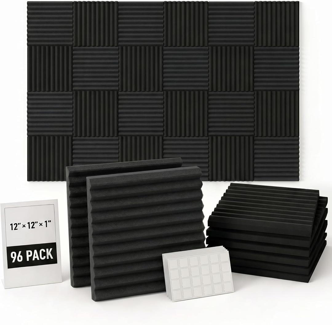 96 Pack Allxinlog Absorb the echo Acoustic Foam Panel Wedge Studio Soundproofing Wall Tiles 12" X 12" X 1"(Accompanied By Double-Sided Adhesive Tape) (96-BLACK)