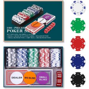 Poker Chip Travel Set, 100PCS 5 Color Professional Poker Chips in Cardboard Gift Box, 11.5 Gram Clay Composite Casino Poker Chips for Casino Card Games Texas Holdem Blackjack