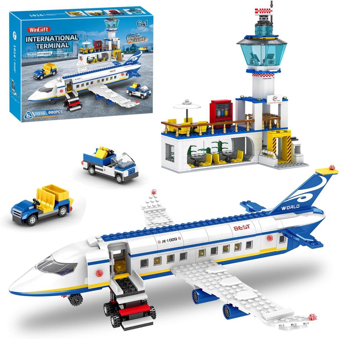 880 Pcs City Airport Passenger Terminal Building Set, 6 IN 1 Airplane Building Blocks Toy, STEM Aircraft Bricks with Shuttle Bus,Luggage Cart,Planes Model Toys Gifts for Adults Boys Ages 6-12+