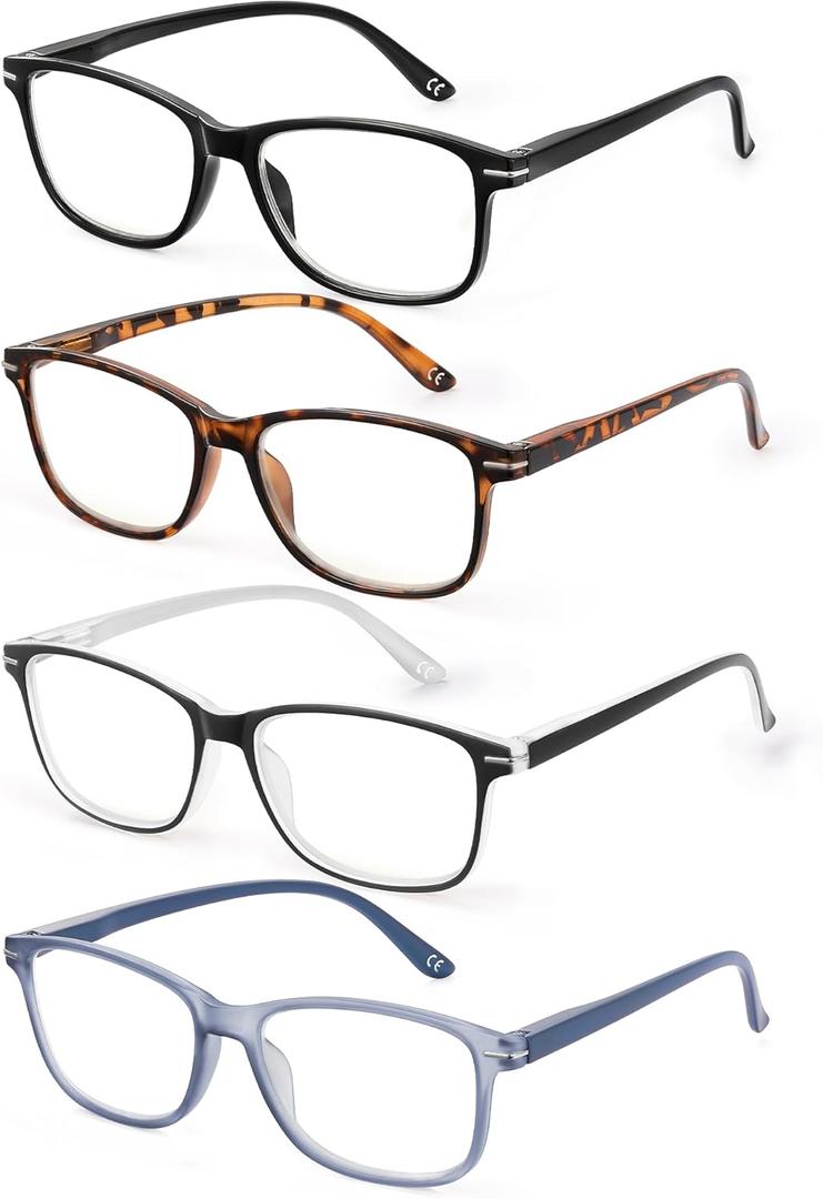 4 Pack Reading Glasses Men Women Spring Hinges Comfortable Glasses for Reading (Black+blue+slivery+tortoiseshell)